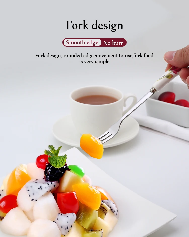 Ceramic Handle Tableware Set Stainless Steel Cutlery Set Steak Knife Fork Coffee Spoon Dessert Dinnerware Rose Flowers Pattern