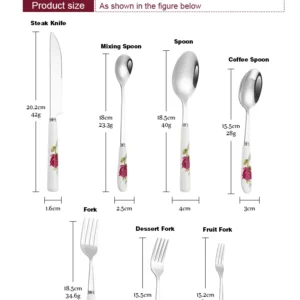 Ceramic Handle Tableware Set Stainless Steel Cutlery Set Steak Knife Fork Coffee Spoon Dessert Dinnerware Rose Flowers Pattern