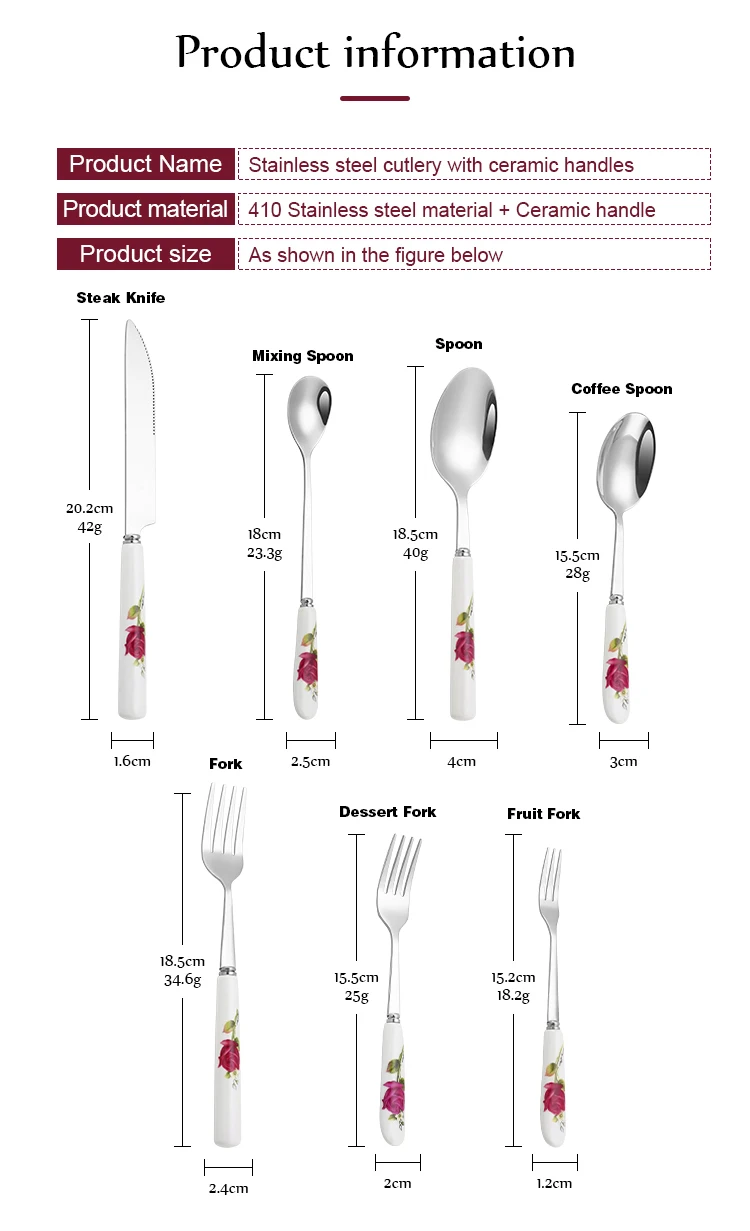 Ceramic Handle Tableware Set Stainless Steel Cutlery Set Steak Knife Fork Coffee Spoon Dessert Dinnerware Rose Flowers Pattern