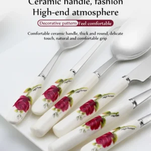 Ceramic Handle Tableware Set Stainless Steel Cutlery Set Steak Knife Fork Coffee Spoon Dessert Dinnerware Rose Flowers Pattern