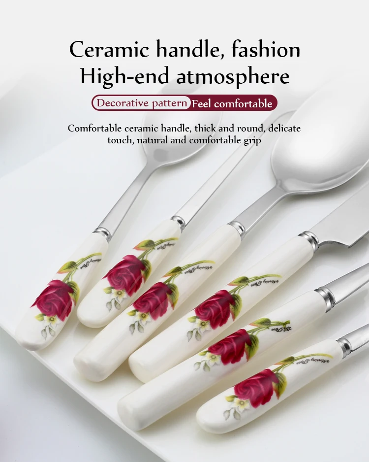 Ceramic Handle Tableware Set Stainless Steel Cutlery Set Steak Knife Fork Coffee Spoon Dessert Dinnerware Rose Flowers Pattern