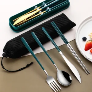 H8980ae421f1540ee9a9d2df6244de5efG.webp 304 Dinnerware Set Flatware Stainless Steel Portable Cutlery Sets Camping Travel Set Case Knife Fork Spoon Kitchen Accessories