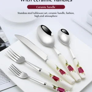 Ceramic Handle Tableware Set Stainless Steel Cutlery Set Steak Knife Fork Coffee Spoon Dessert Dinnerware Rose Flowers Pattern