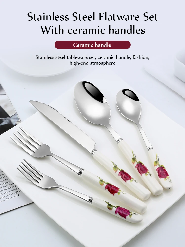 Ceramic Handle Tableware Set Stainless Steel Cutlery Set Steak Knife Fork Coffee Spoon Dessert Dinnerware Rose Flowers Pattern