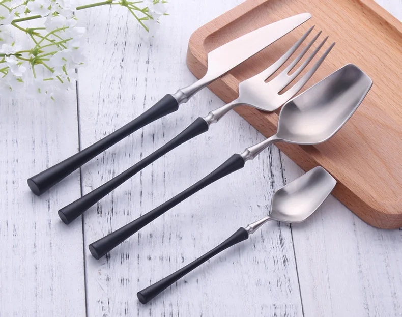 Ha3d7b627c9f5494a943de8b6a7941ac8y.webp 4 Pcs Mirror Matte Stainless Steel Black Gold Silver Cutlery Dinnerware Tableware Knife Spoon Fork Flatware Set Dishwasher Safe