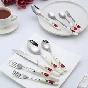 Ceramic Handle Tableware Set Stainless Steel Cutlery Set Steak Knife Fork Coffee Spoon Dessert Dinnerware Rose Flowers Pattern