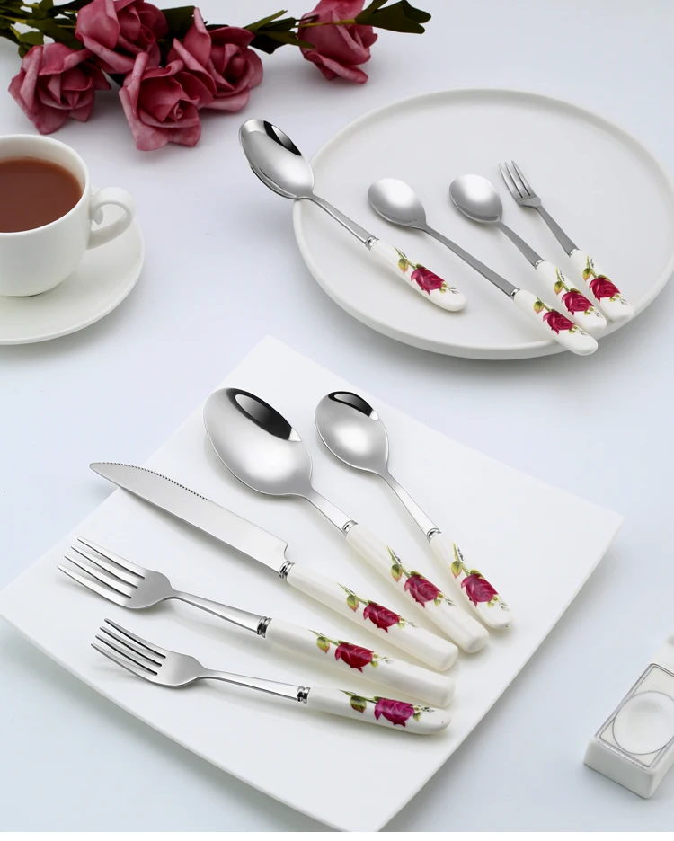 Ceramic Handle Tableware Set Stainless Steel Cutlery Set Steak Knife Fork Coffee Spoon Dessert Dinnerware Rose Flowers Pattern