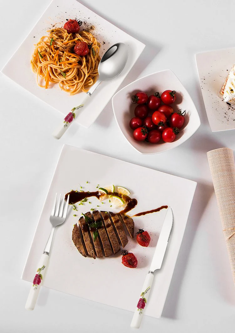 Ceramic Handle Tableware Set Stainless Steel Cutlery Set Steak Knife Fork Coffee Spoon Dessert Dinnerware Rose Flowers Pattern