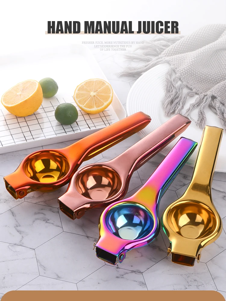 Hc9e93b0bc4924e70838b672f1661837dF.webp 1PC Stainless steel Lemon Squeezer Golden Manual Fruit Juicer Household Orange Clip Kitchen Utensils Reamers Fast Handle Press