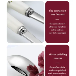 Ceramic Handle Tableware Set Stainless Steel Cutlery Set Steak Knife Fork Coffee Spoon Dessert Dinnerware Rose Flowers Pattern