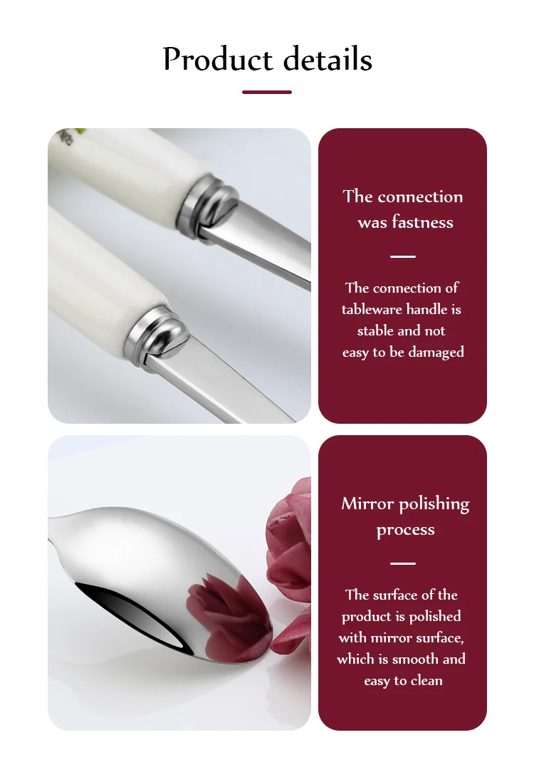 Ceramic Handle Tableware Set Stainless Steel Cutlery Set Steak Knife Fork Coffee Spoon Dessert Dinnerware Rose Flowers Pattern
