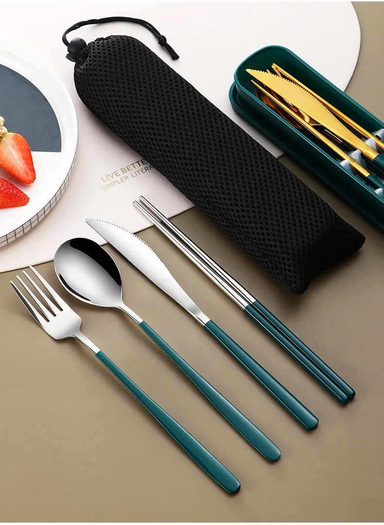 Hf62eb465071445349530aeba7dd65a42X.webp 304 Dinnerware Set Flatware Stainless Steel Portable Cutlery Sets Camping Travel Set Case Knife Fork Spoon Kitchen Accessories