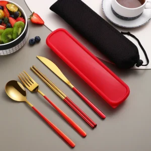 Hffa35b0e98df4548bc3a77e6c0445be61.webp 304 Dinnerware Set Flatware Stainless Steel Portable Cutlery Sets Camping Travel Set Case Knife Fork Spoon Kitchen Accessories