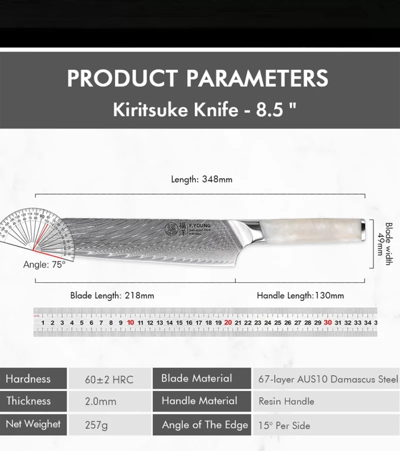 F.YOUNG 8.5" Japanese Kiritsuke Knife Damascus Steel Kitchen Professional Chef Knife Sharp Slicing Cleaver Cooking Tools Cutlery