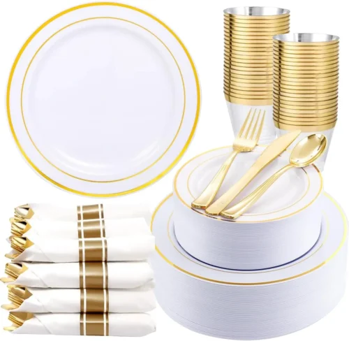 350Piece Gold Dinnerware Set for 50 Guests - Gold Plastic Plates with Disposable Cutlery Include:50Dinner Plates-50Dessert Plate