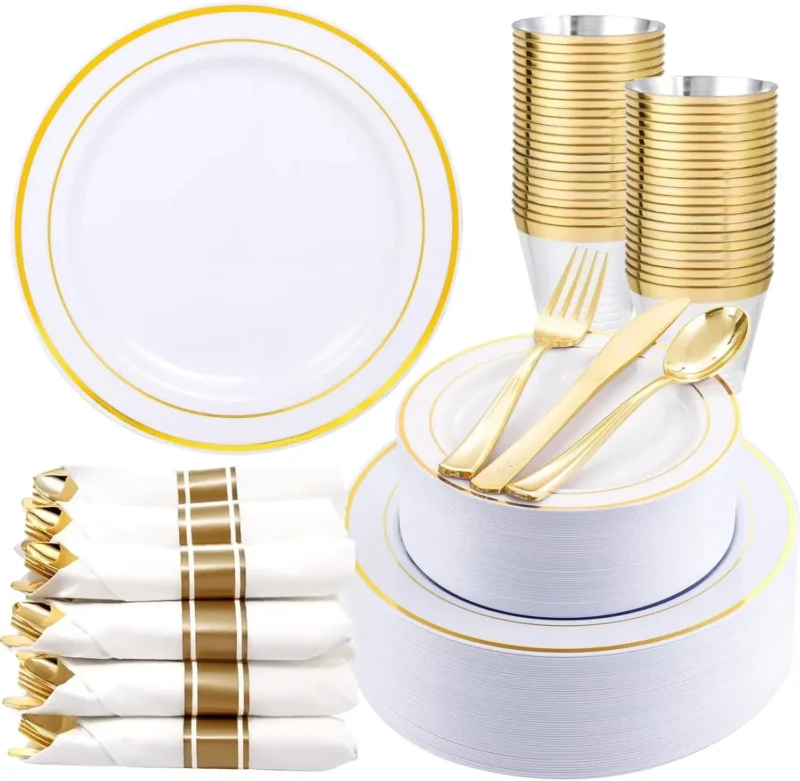 S05d602d5d5c1451a80919dc79b43dce7n.webp 350Piece Gold Dinnerware Set for 50 Guests - Gold Plastic Plates with Disposable Cutlery Include:50Dinner Plates-50Dessert Plate