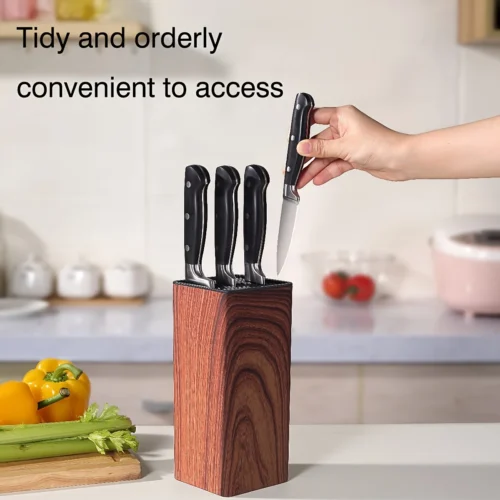 1pc New PP Home Kitchen Knife Block Holder Rack Stands with Wood Grain Surface and Rubber Plastic Coating for Kitchen Storage