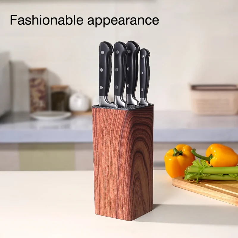 S1caa3b94faff4fba84ff83158f0a1534q.webp 1pc New PP Home Kitchen Knife Block Holder Rack Stands with Wood Grain Surface and Rubber Plastic Coating for Kitchen Storage