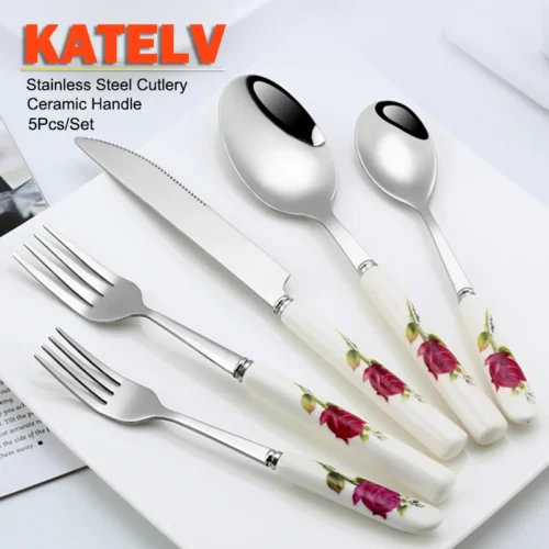 S29f54f53977941079f04d8a6a0e92db3d.webp Ceramic Handle Tableware Set Stainless Steel Cutlery Set Steak Knife Fork Coffee Spoon Dessert Dinnerware Rose Flowers Pattern