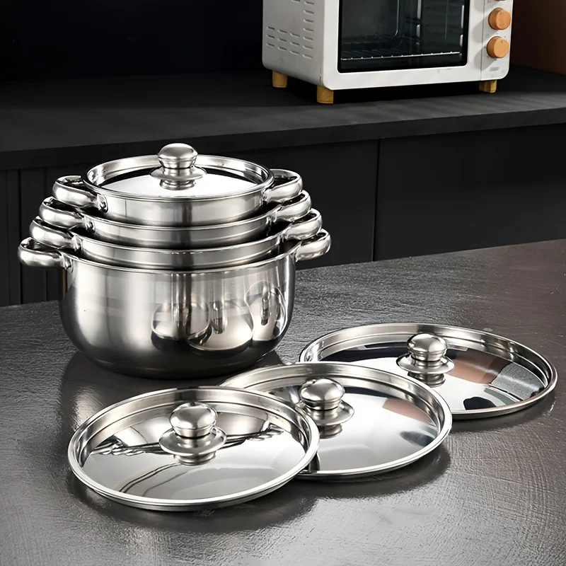 4pcs Stainless Steel Cookware Set with Heat Conduction Simmering Feature - Perfect for Soup, Noodles & More | Essential Kitchen