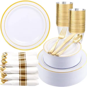 S2f575f347cd9490388565eebaf013f7fP.webp 350Piece Gold Dinnerware Set for 50 Guests - Gold Plastic Plates with Disposable Cutlery Include:50Dinner Plates-50Dessert Plate