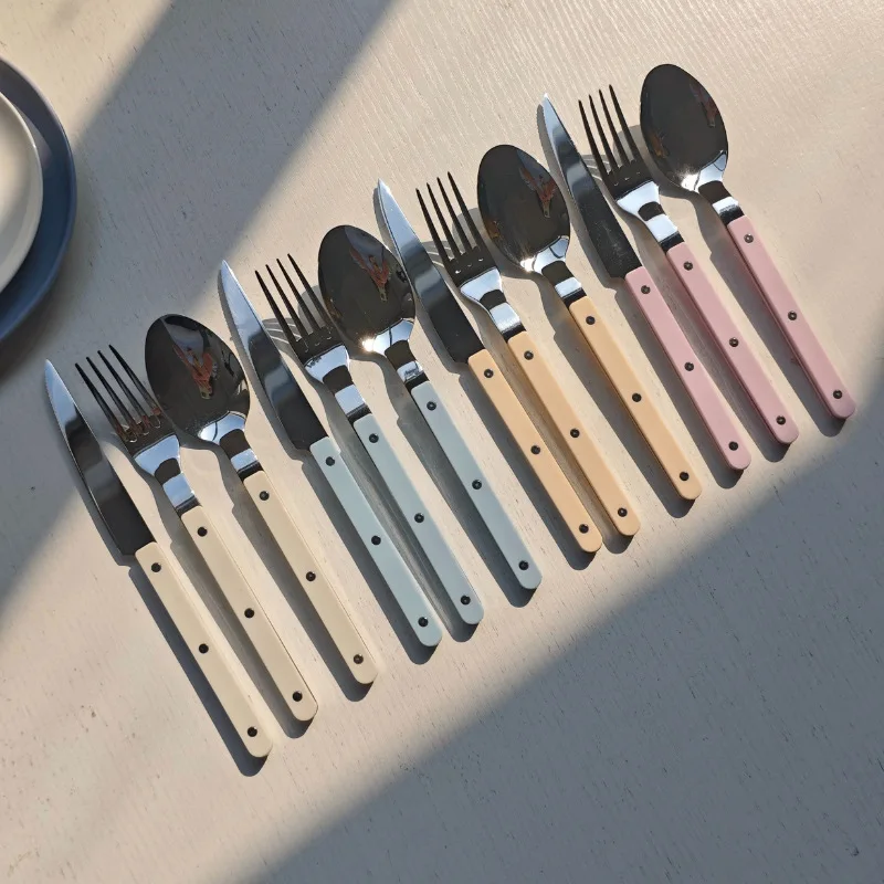 Colorful 316 Stainless Steel Western Cutlery Set, French Clasp Handle Steak Knives, Dessert Forks Spoons Flatware Collection