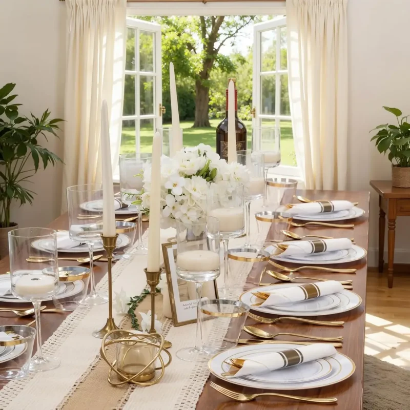 S425f04169d13480585a6aee1d0dd78f71.webp 350Piece Gold Dinnerware Set for 50 Guests - Gold Plastic Plates with Disposable Cutlery Include:50Dinner Plates-50Dessert Plate