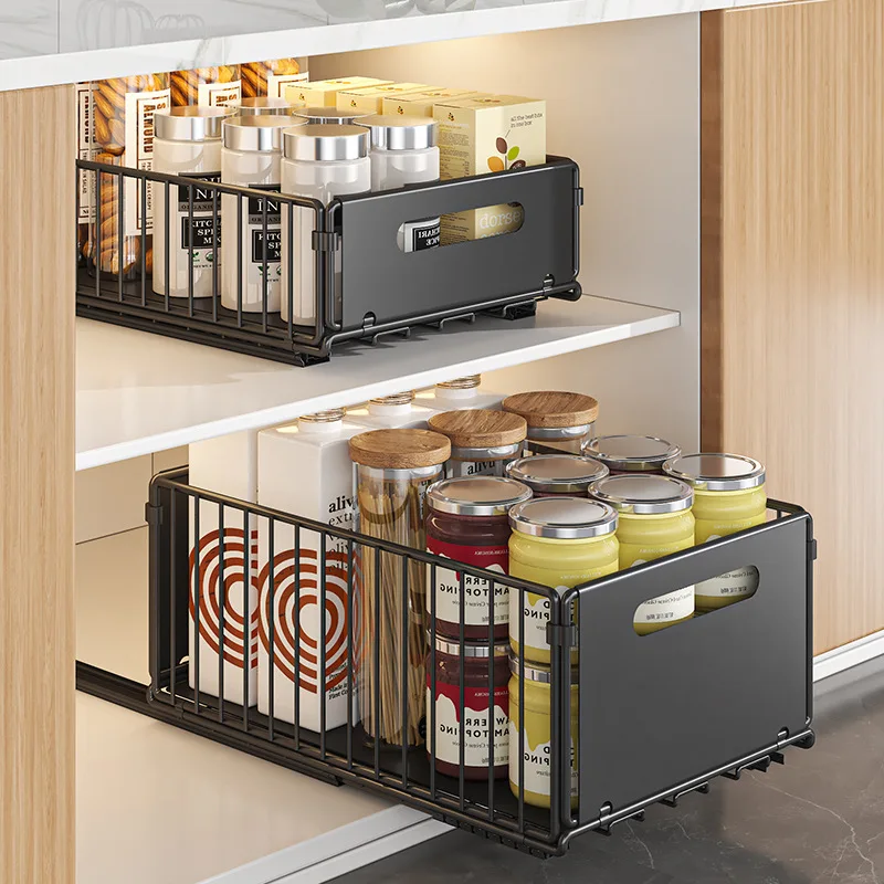 S45679fab8a114f15bc486fde2d20d3918.webp Kitchen Storage Rack Pull Out Cabinet Organizer Slide Drawer Storage Tray Seasoning Bottle Spice Storage Rack Kitchen Organizer