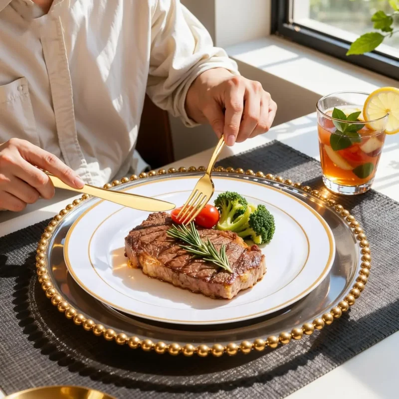 S4af9f232c34d45dd82b2612f0702ac2b4.webp 350Piece Gold Dinnerware Set for 50 Guests - Gold Plastic Plates with Disposable Cutlery Include:50Dinner Plates-50Dessert Plate