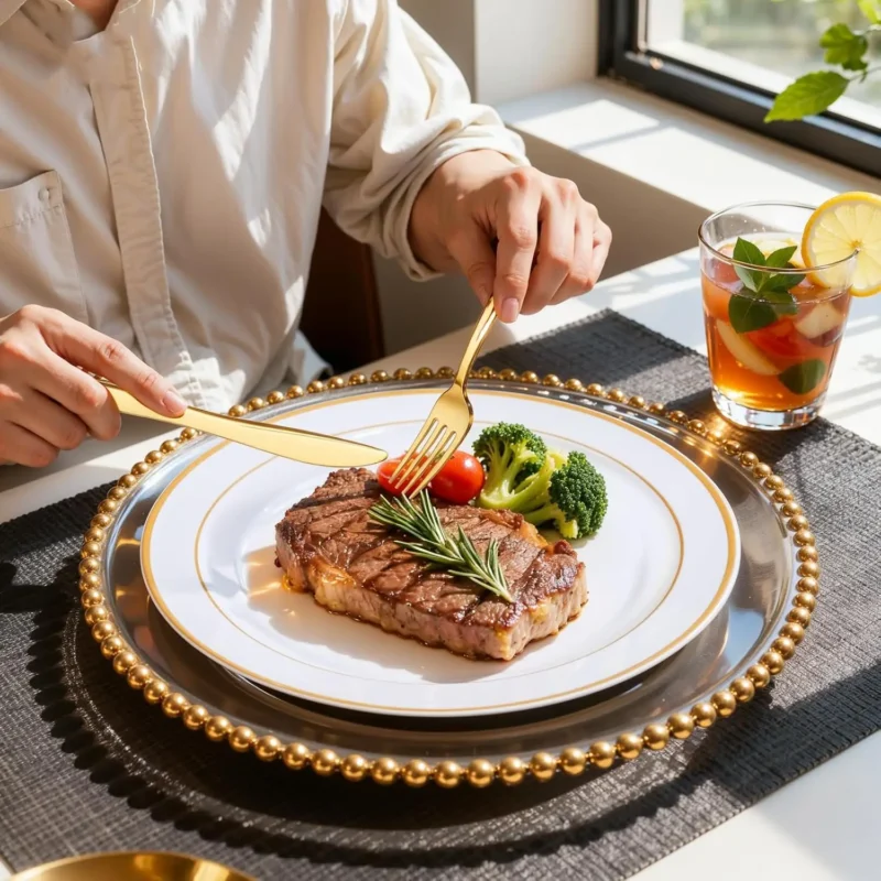 S4df2ffb4426e4c27a10d5f7707b2c566l.webp 350Piece Gold Dinnerware Set for 50 Guests - Gold Plastic Plates with Disposable Cutlery Include:50Dinner Plates-50Dessert Plate