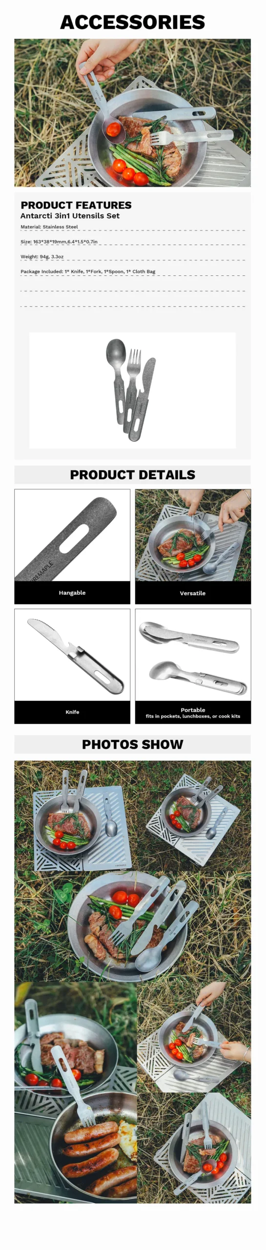 Fire-Maple Antarcti 3in1 Utensils Set Fork Knife Spoon Outdoor Tableware 304 Stainless Steel Camping Cooking Portable Cutlery