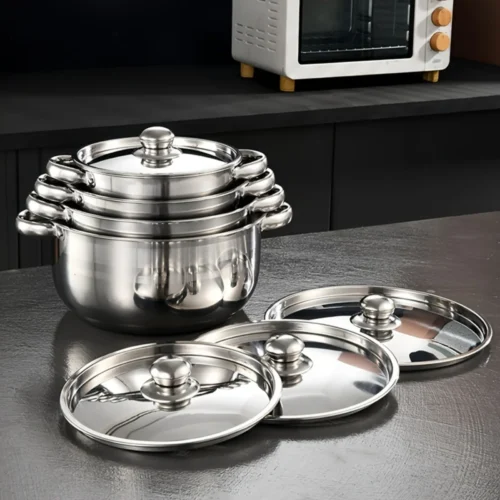 S5ce5b4f1573d428da984a1fe5c43082da.webp 4pcs Stainless Steel Cookware Set with Heat Conduction Simmering Feature - Perfect for Soup, Noodles & More | Essential Kitchen