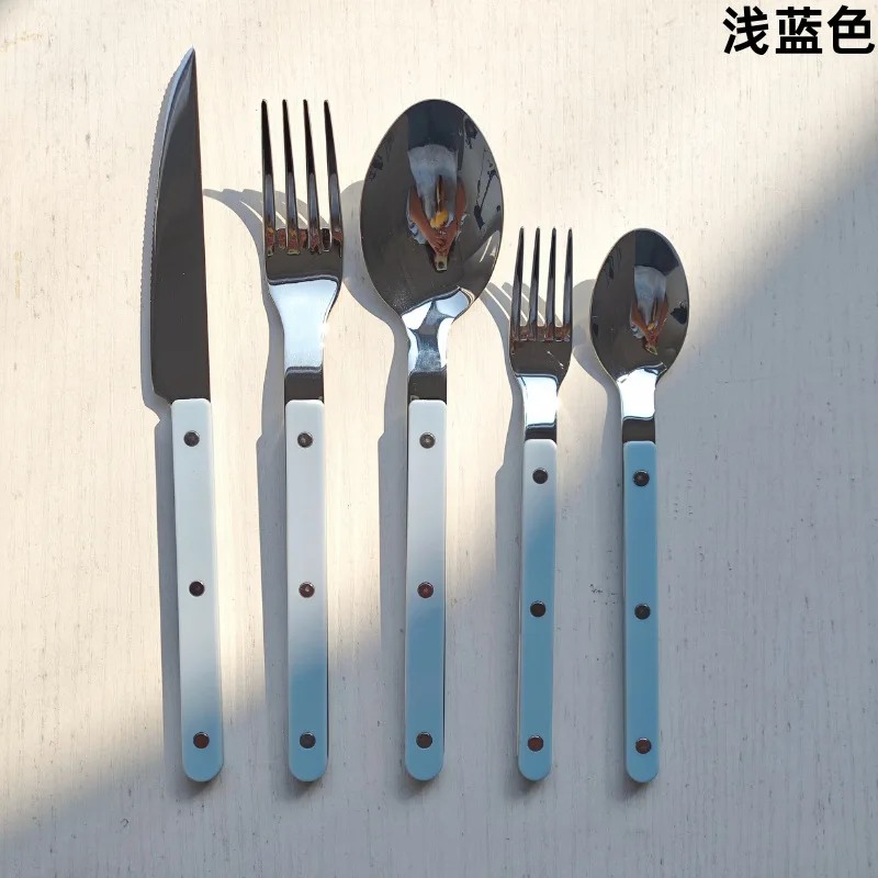 Colorful 316 Stainless Steel Western Cutlery Set, French Clasp Handle Steak Knives, Dessert Forks Spoons Flatware Collection
