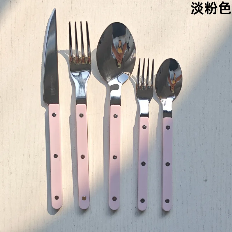 Colorful 316 Stainless Steel Western Cutlery Set, French Clasp Handle Steak Knives, Dessert Forks Spoons Flatware Collection