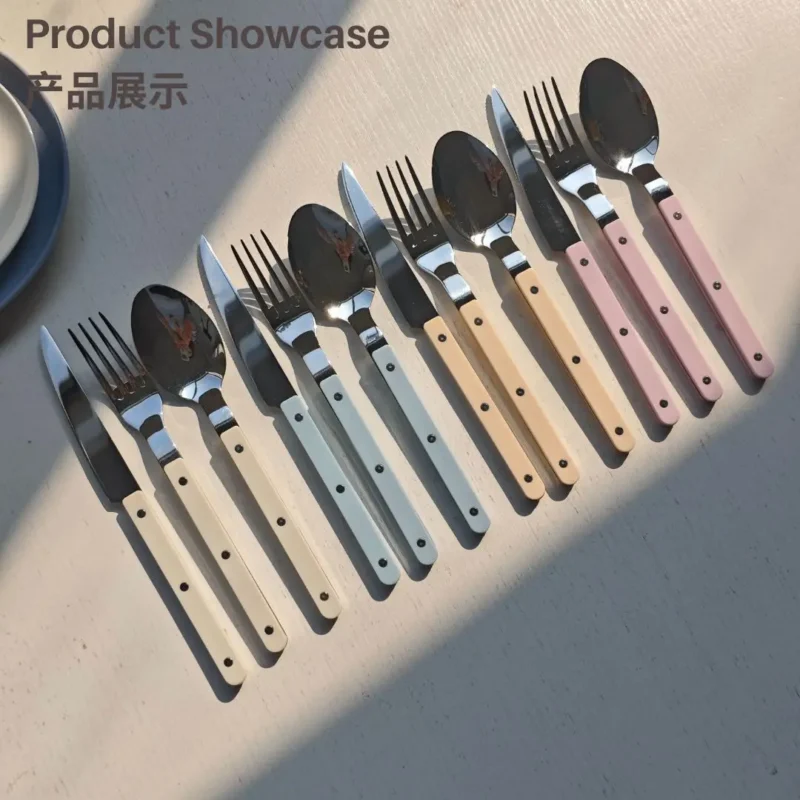 Colorful 316 Stainless Steel Western Cutlery Set, French Clasp Handle Steak Knives, Dessert Forks Spoons Flatware Collection