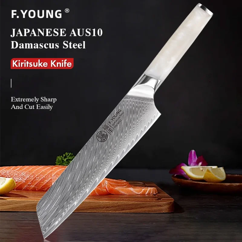 F.YOUNG 8.5" Japanese Kiritsuke Knife Damascus Steel Kitchen Professional Chef Knife Sharp Slicing Cleaver Cooking Tools Cutlery