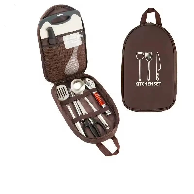 Outdoor Cookware 8-piece Set Camping Kitchen Utensils Portable Stainless Steel Tableware Camping Picnic Supplies BBQ Tools