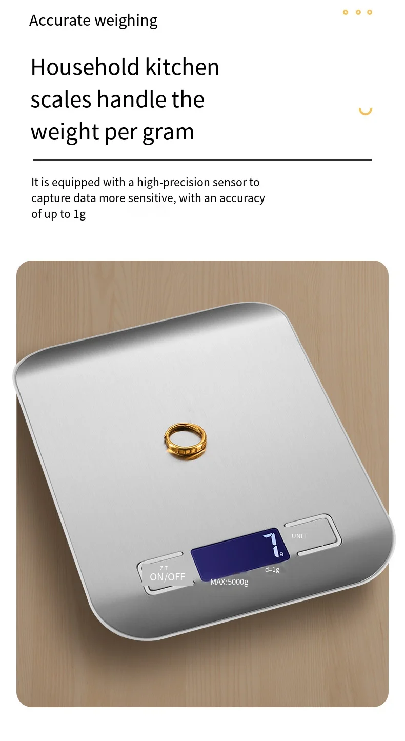 S729e763f5e9e432b83e66d44bcd6fec1x.webp 5kg/1g Multifunction Electric Digital Kitchen Food Scale LCD Display, High Precise Waterproff Measuring Scale Stainless Steel