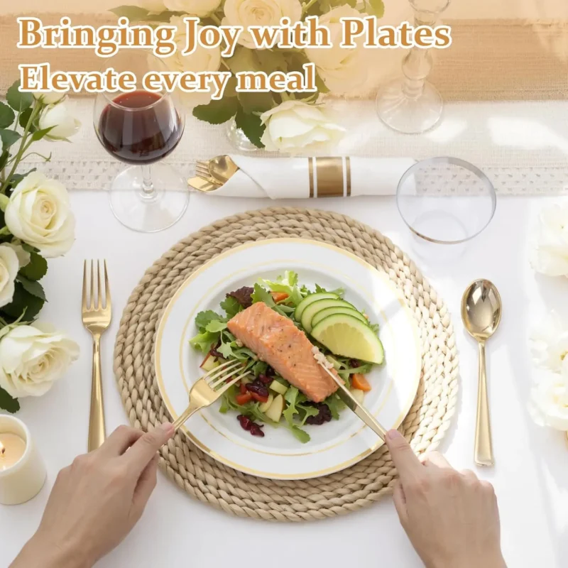 S7add49341beb41f3aad6042e28c2d01en.webp 350Piece Gold Dinnerware Set for 50 Guests - Gold Plastic Plates with Disposable Cutlery Include:50Dinner Plates-50Dessert Plate