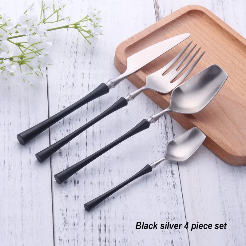 S86b8d85d64ec4fa08be712eeba9f07acp.webp 4 Pcs Mirror Matte Stainless Steel Black Gold Silver Cutlery Dinnerware Tableware Knife Spoon Fork Flatware Set Dishwasher Safe