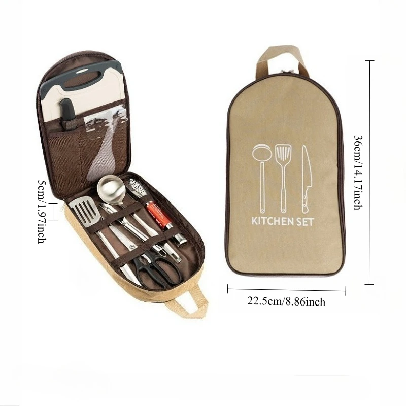 Outdoor Cookware 8-piece Set Camping Kitchen Utensils Portable Stainless Steel Tableware Camping Picnic Supplies BBQ Tools