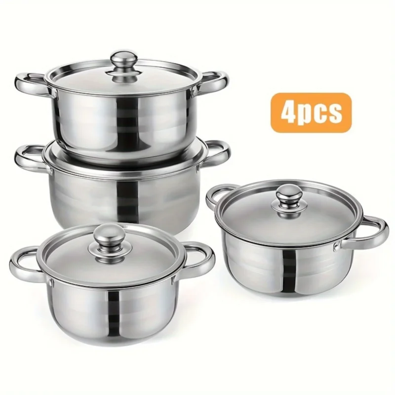 4pcs Stainless Steel Cookware Set with Heat Conduction Simmering Feature - Perfect for Soup, Noodles & More | Essential Kitchen