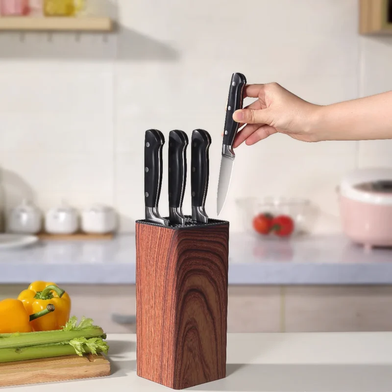 Sa6170986e19c491b9ebe04ba1cd67ad0D.webp 1pc New PP Home Kitchen Knife Block Holder Rack Stands with Wood Grain Surface and Rubber Plastic Coating for Kitchen Storage