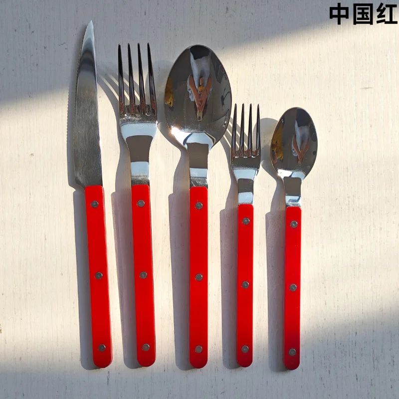 Colorful 316 Stainless Steel Western Cutlery Set, French Clasp Handle Steak Knives, Dessert Forks Spoons Flatware Collection