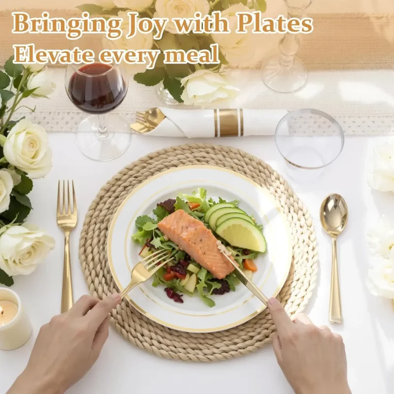 Sb7940fda8683466298e8b40175133876E.webp 350Piece Gold Dinnerware Set for 50 Guests - Gold Plastic Plates with Disposable Cutlery Include:50Dinner Plates-50Dessert Plate