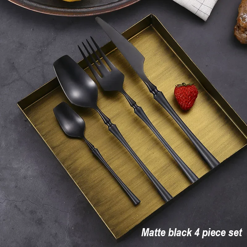 Sc36beb8c2fdb42a7aef1af03fb90416f3.webp 4 Pcs Mirror Matte Stainless Steel Black Gold Silver Cutlery Dinnerware Tableware Knife Spoon Fork Flatware Set Dishwasher Safe