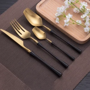 Sd5f634b71367454b88fda97ccebf9f83o.webp 4 Pcs Mirror Matte Stainless Steel Black Gold Silver Cutlery Dinnerware Tableware Knife Spoon Fork Flatware Set Dishwasher Safe