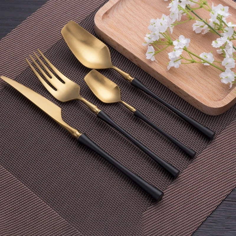 Sd5f634b71367454b88fda97ccebf9f83o.webp 4 Pcs Mirror Matte Stainless Steel Black Gold Silver Cutlery Dinnerware Tableware Knife Spoon Fork Flatware Set Dishwasher Safe