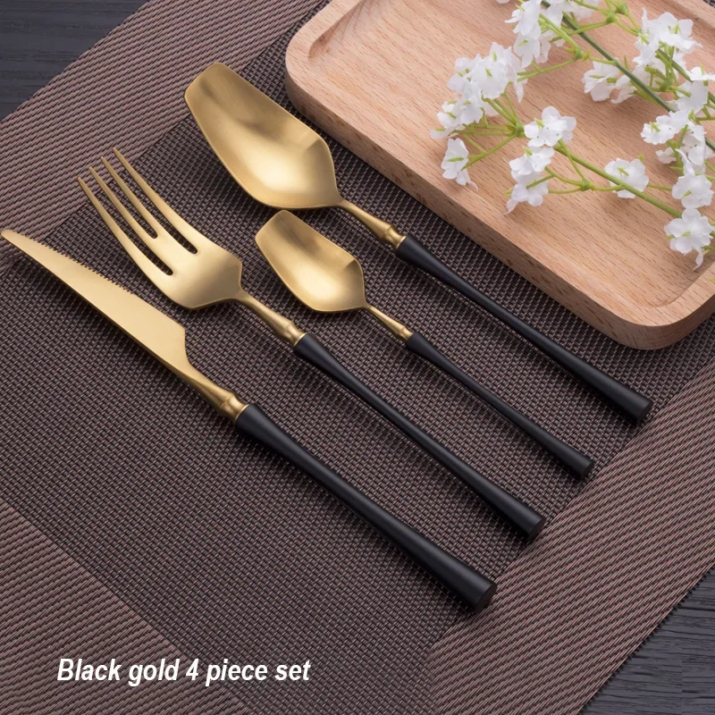 Sd7f52666d0d7453fa365e99eda7b05842.webp 4 Pcs Mirror Matte Stainless Steel Black Gold Silver Cutlery Dinnerware Tableware Knife Spoon Fork Flatware Set Dishwasher Safe