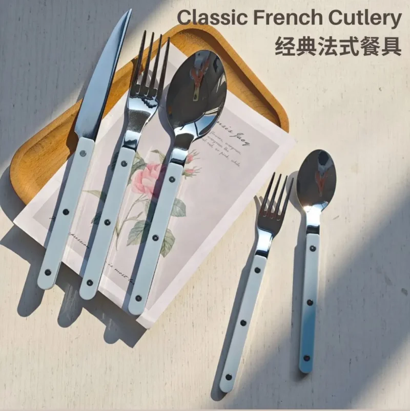 Colorful 316 Stainless Steel Western Cutlery Set, French Clasp Handle Steak Knives, Dessert Forks Spoons Flatware Collection